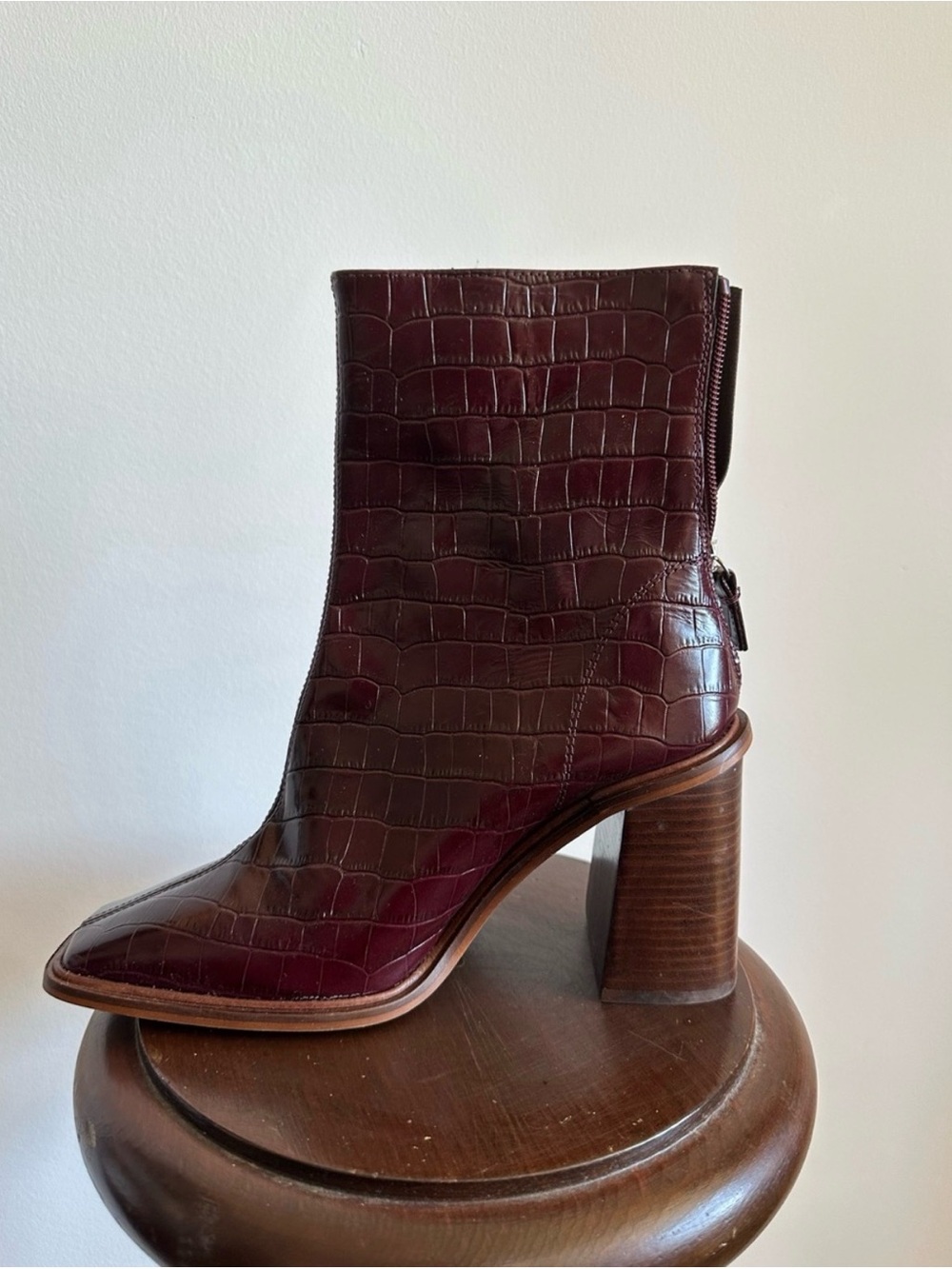 Burgundy Croc-Embossed Geuine Leather Block Heel Boot